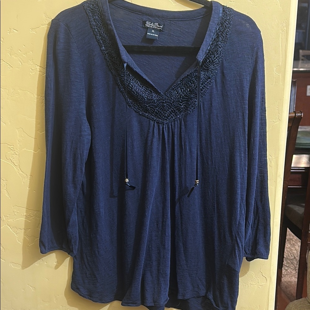 Lucky Brand Navy Blue Crochet Lace V-Neck Peasant Blouse XL Three Quarter Sleeve